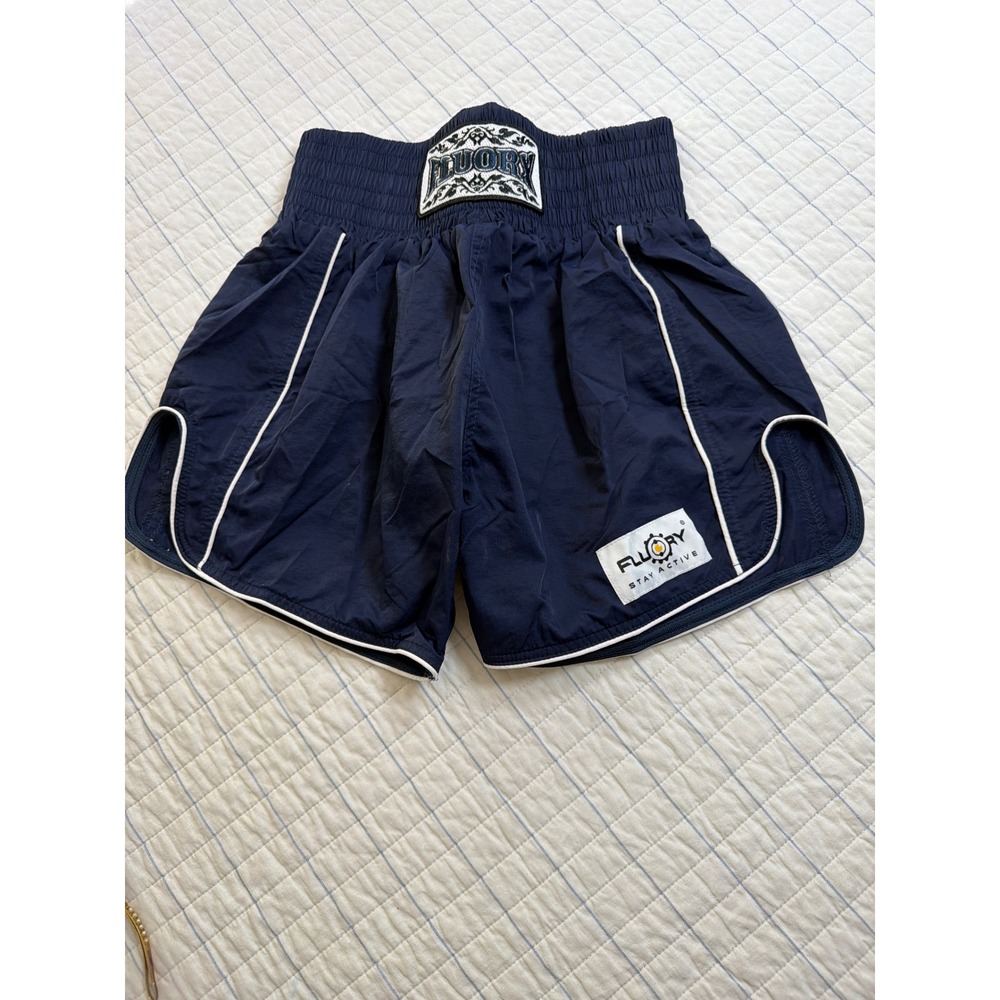 Fluory Muay Thai Shorts Navy Blue White Piping MMA Kickboxing Mens Medium NWT